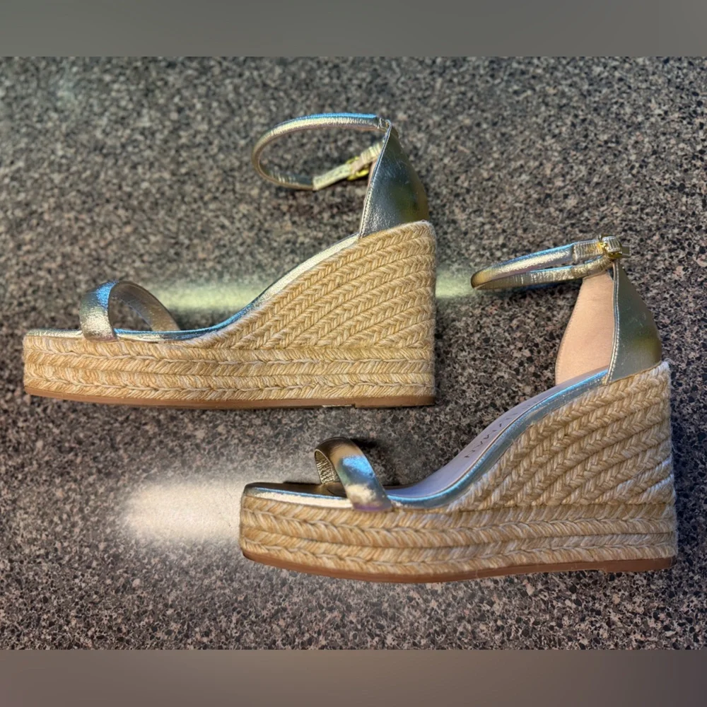 “STUART WEITZMAN”  Nudist Metallic Gold Espadrille Wedge Sandal - Picture 13 of 16